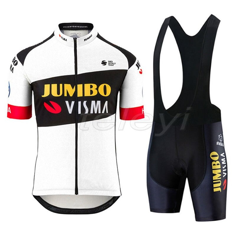 The Jumbo Visma Pro Team Cycling Jersey Set includes a short-sleeve jersey and black bib shorts. The lightweight polyester jersey is mainly white with black, red, and yellow accents and JUMBO VISMA on the front; the bib shorts have subtle branding on the leg.