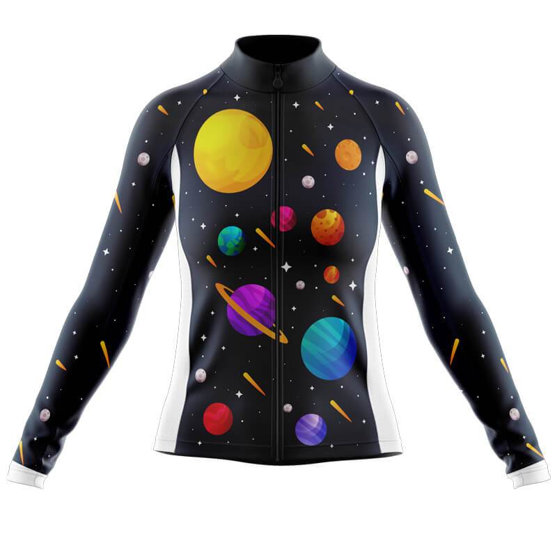 The Womens Long Sleeve Solar System Planets Jersey has a vivid cosmic design with vibrant planets, stars, and comets on a black background. It features a sleek fit, central zipper, and optional fleece lining for added warmth.