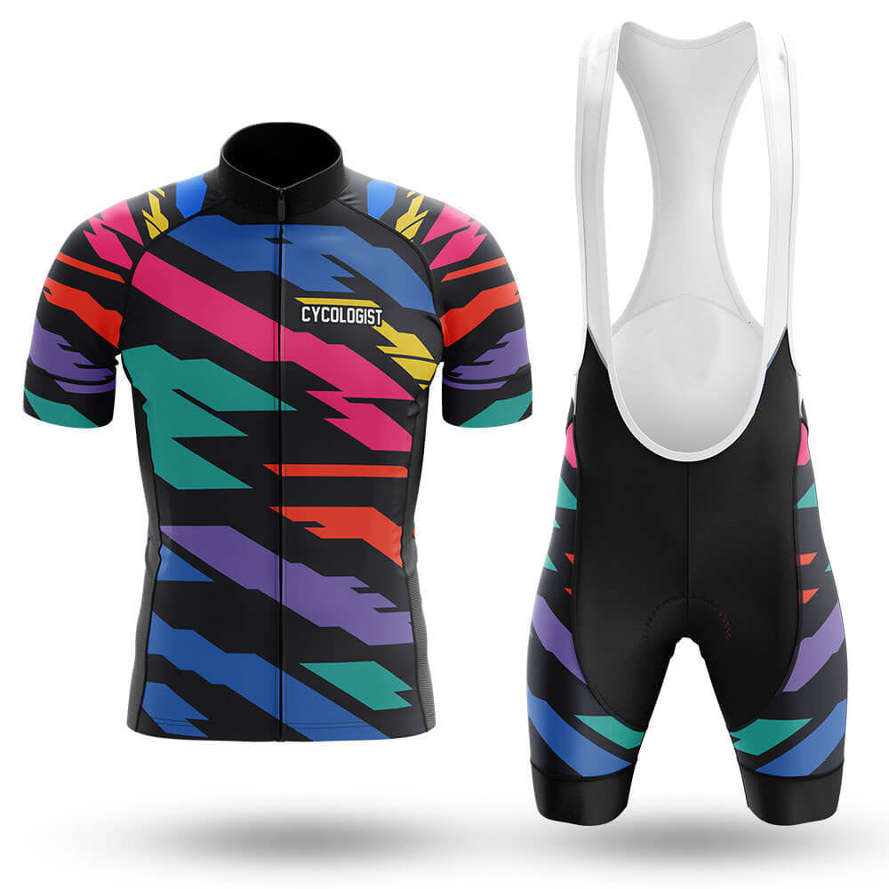 Introducing the 80s Style Retro Cycling Jersey Set—a lightweight polyester jersey with vibrant abstract patterns in red, blue, green, purple, and black. It includes black bib shorts with matching accents and a gel seat pad for ultimate comfort.