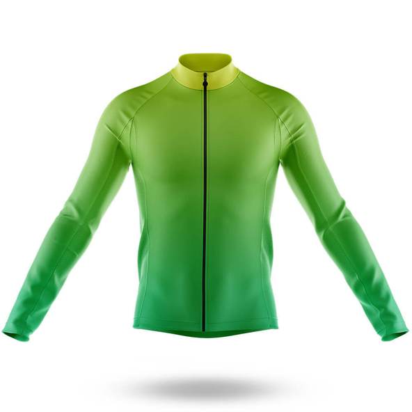 A Plain Bright Green Long Sleeved Cycling Jersey with fleece, featuring a front zipper and displayed against a white background with its front view slightly elevated.
