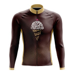 Introducing the Ice Cream Retro Cycling Jersey (with Fleece Option): a long-sleeve cycling marvel in chocolate brown with beige highlights, featuring a chic ice cream cone pattern on the chest and wavy lines on the lower section for added flair.