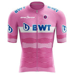 Introducing the BWT Retro Cycling Jersey in pink with BWT boldly displayed across the front. Made from lightweight polyester, it features horizontal wavy lines on the torso and sleeves, plus additional branding and logos.