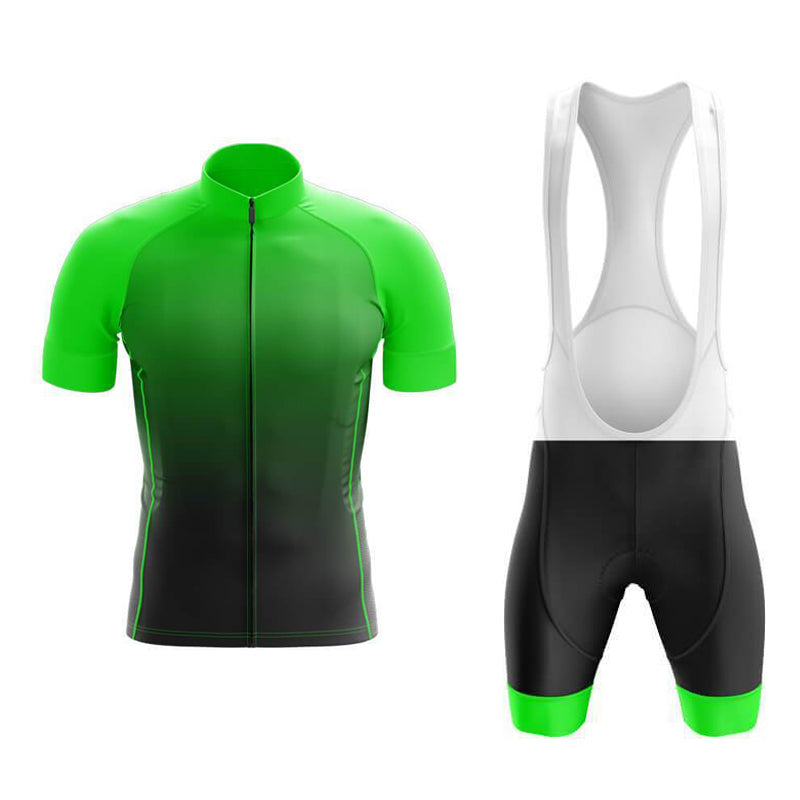 Discover the Green Shade Cycling Jersey Set: a stylish short-sleeve jersey in green and black with a front zipper, crafted from lightweight polyester for comfort, paired with breathable bib shorts featuring green accents at the leg openings for optimum performance.