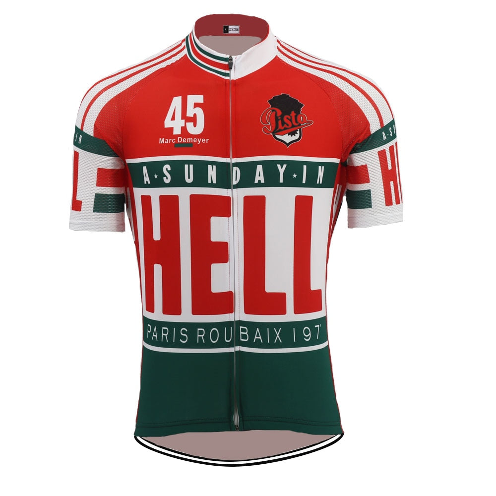 A retro cycling jersey in red, white, and green featuring A Sunday in Hell and Paris–Roubaix 1976, with number 45 and a cyclist silhouette logo for a vintage look.