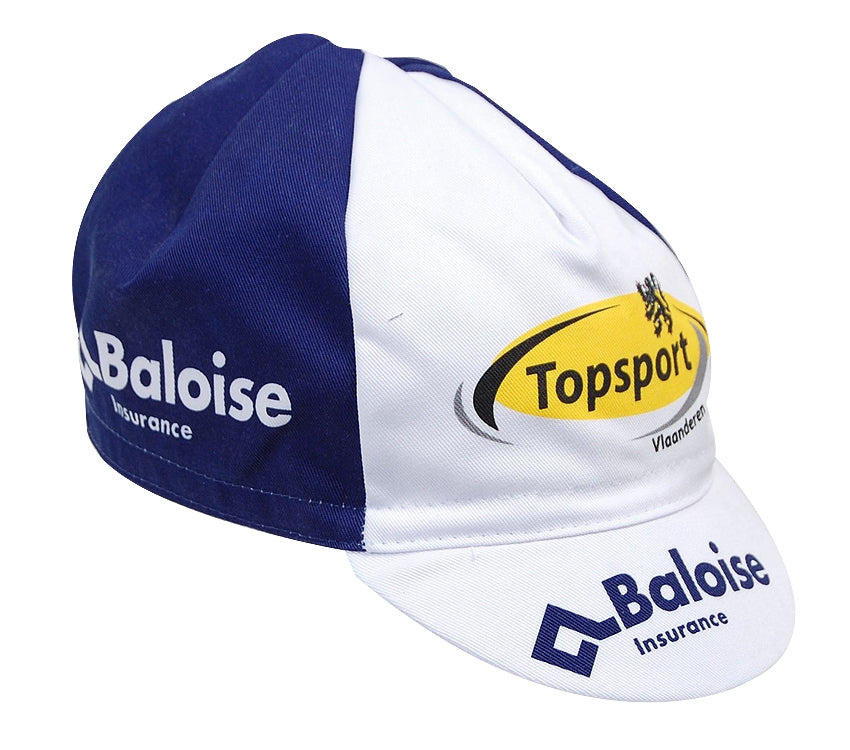 Ideal for vintage cycling fans, the Topsport Vlaanderen Retro Cycling Cap features a blue and white design with Topsport Vlaanderen and Baloise Insurance logos. Its peaked brim adds a perfect retro touch to any ride.