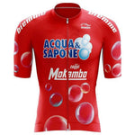 The Acqua Sapone Retro Cycling Jersey features bubble graphics, caffè Mokambo logos, and white sleeve text. Made of lightweight polyester, this performance jersey includes a convenient front zipper for optimal comfort.