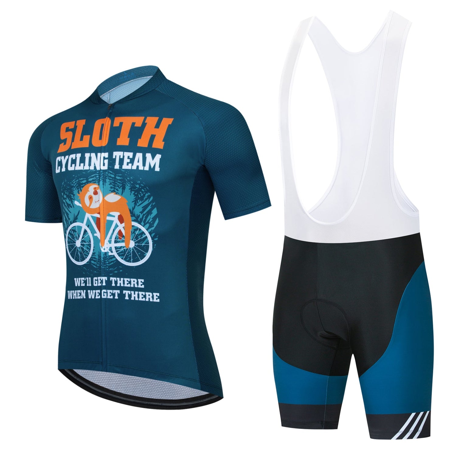 The Air Blue Sloth Cycling Team Set includes a blue cycling jersey with SLOTH CYCLING TEAM, a sloth on a bike, and the phrase WELL GET THERE WHEN WE GET THERE, made from lightweight, breathable polyester. It comes with stylish black and blue bib shorts featuring white straps.