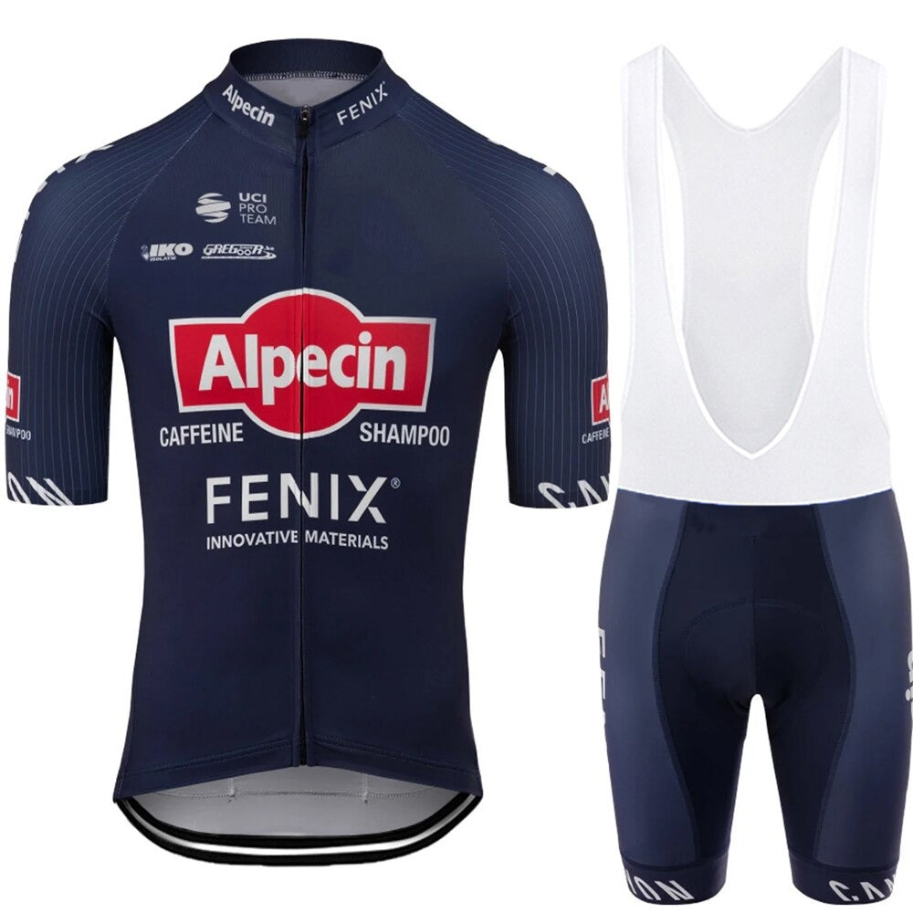 The Alpecin Fenix Cycling Team Jersey Set, in dark blue with a prominent logo, includes a lightweight polyester short-sleeve jersey with red accents and sponsor names. The matching bib shorts feature white shoulder straps and a gel seat pad for comfort.