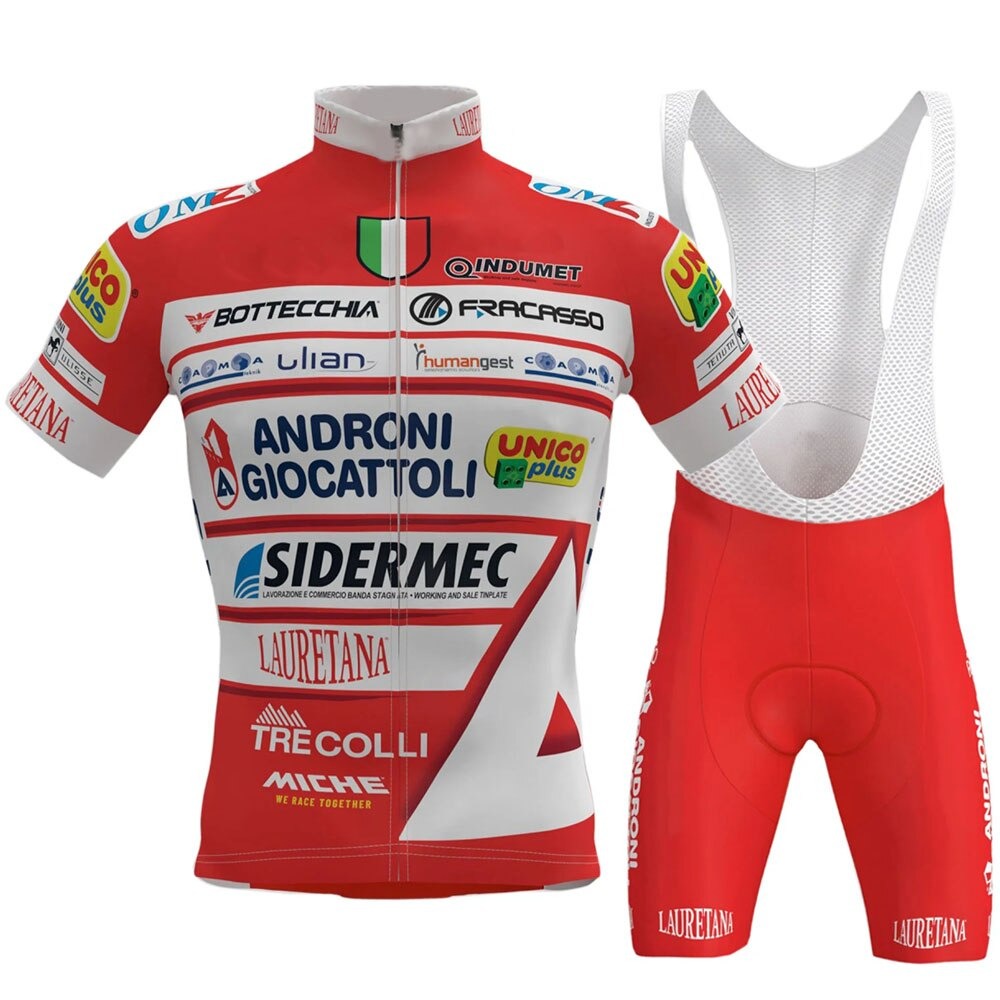 The Androni Giocattoli–Sidermec Cycling Team Jersey Set features a red and white design with sponsor logos such as Sidermec and Tre Colli. The set includes a front-zipped jersey, bib shorts with mesh straps, and an Italian flag detail for added national pride.