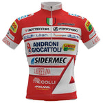 The Androni Giocattoli–Sidermec Cycling Team Jersey is red and white with breathable fabric, sponsor logos like Androni Giocattoli, Sidermec, Unico Plus, a zippered front, and an Italian flag emblem on the collar—perfect for UCI pro team cyclists.