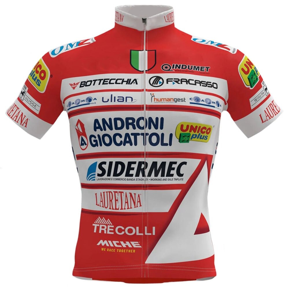 The Androni Giocattoli–Sidermec Cycling Team Jersey is red and white with breathable fabric, sponsor logos like Androni Giocattoli, Sidermec, Unico Plus, a zippered front, and an Italian flag emblem on the collar—perfect for UCI pro team cyclists.