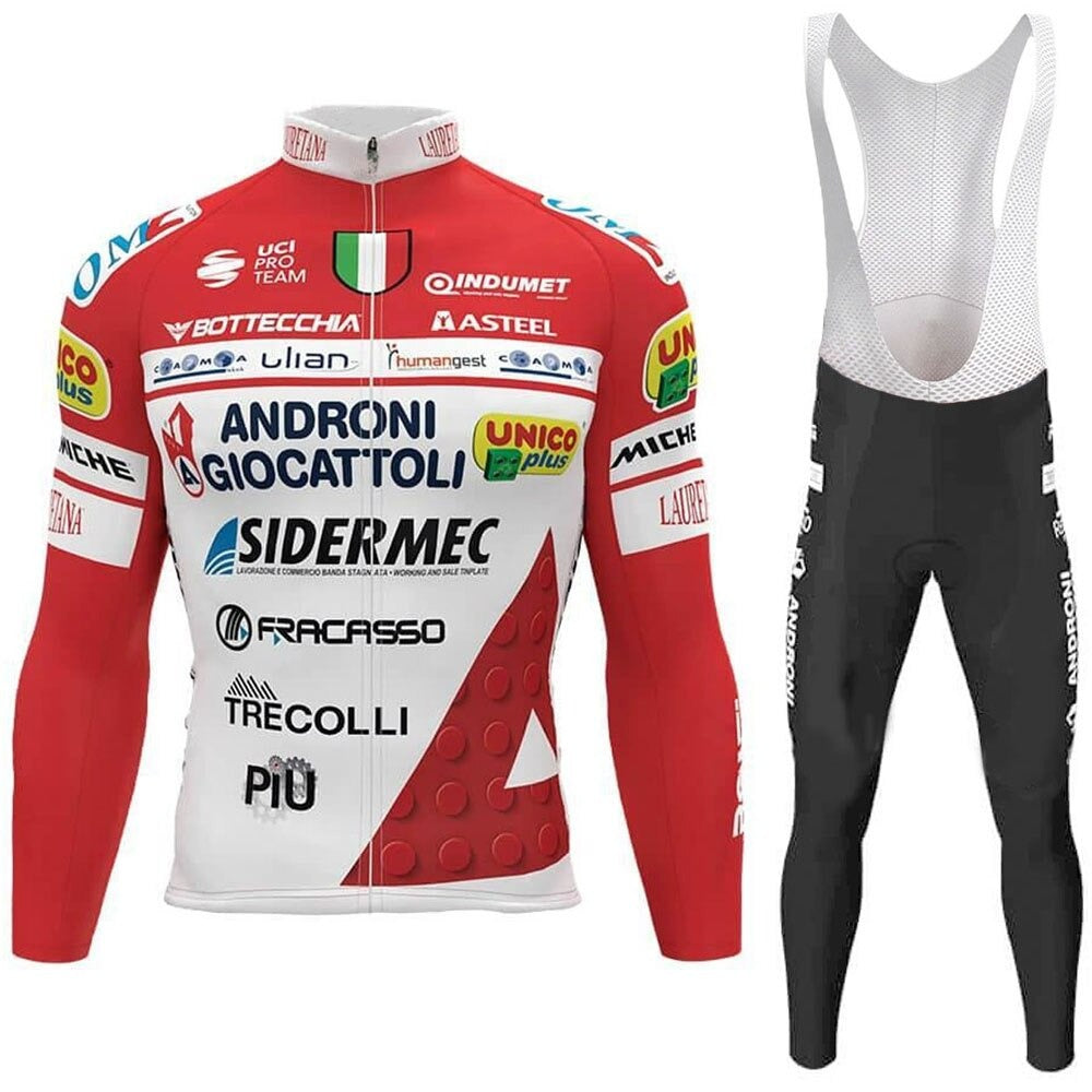 The Androni Giocattoli–Sidermec Cycling Team Long Set includes a red and white jersey with sponsor logos, black bib shorts, long sleeves for cooler rides, a front zipper, and vibrant text variations. Available with a fleece option.
