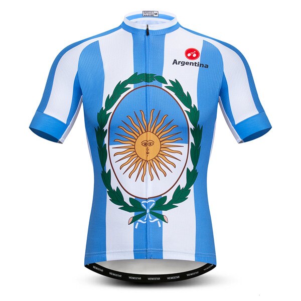 The Argentina Cycling Jersey, made of lightweight polyester, features blue and white stripes with a sun emblem encased in a laurel wreath. It includes a silicone waist strip for stability and is decorated with Argentina and a logo on the chest.