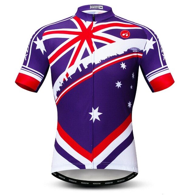 Check out our Australia Cycling Jersey, made from lightweight polyester for breathability, featuring a red, white, and blue design with flag-like stars and stripes and a city skyline silhouette across the chest.