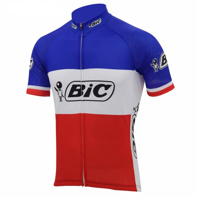 The BIC France Short Sleeve Retro Cycling Jersey, made of lightweight polyester, showcases blue, white, and red stripes with Bic logos on the chest, shoulders, and sleeves. It features a front zipper and short sleeves to evoke the spirit of a Tour de France winner.