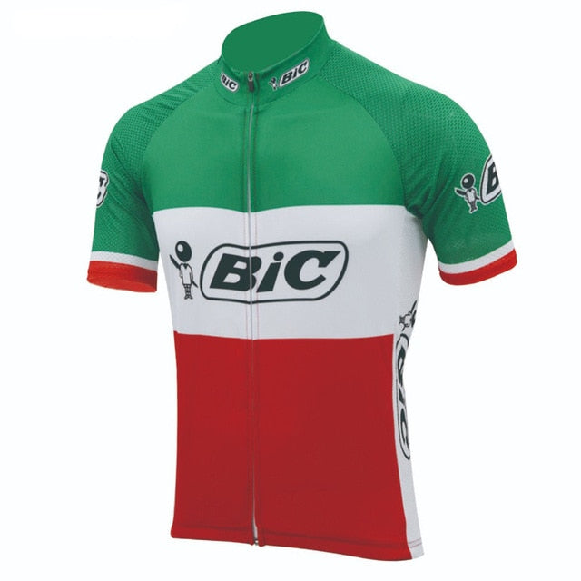 The BIC Italy Short Sleeve Retro Cycling Jersey is made from lightweight polyester with Italian flag-inspired green, white, and red horizontal stripes. It features a front zipper and multiple Bic logos on the chest, sleeves, and sides. The short sleeves have red and white accents.