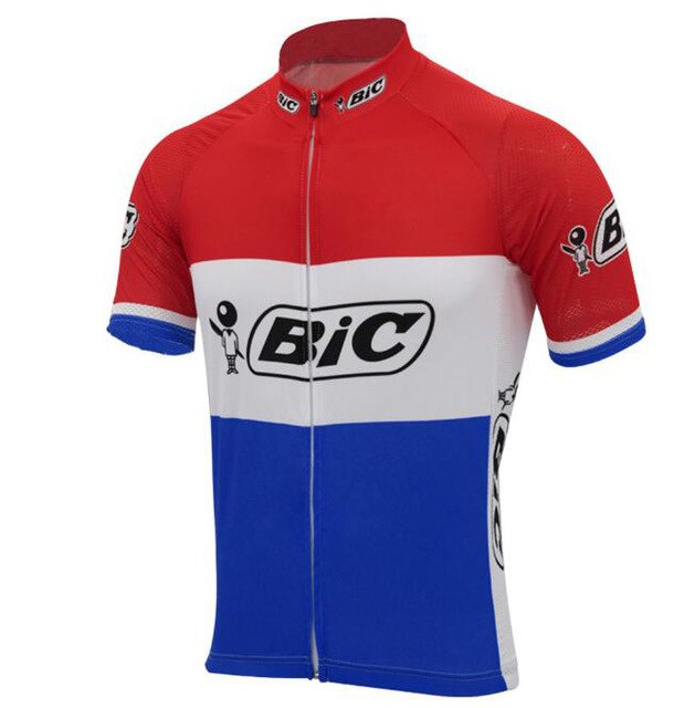 The BIC Red-White-Blue Short Sleeve Retro Cycling Jersey displays red, white, and blue horizontal stripes with the iconic Bic logo on the chest and collar. Made from lightweight polyester, it emulates Jacques Anquetil’s style with short sleeves featuring red and blue accents.
