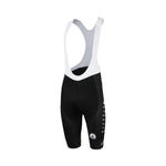 The Bahrain McLaren Le Col Bib Shorts feature a black and white design with attached straps, offering a minimalist and sporty aesthetic. Their sides display small vertical text similar to a cycling team jersey, perfect for cycling enthusiasts.