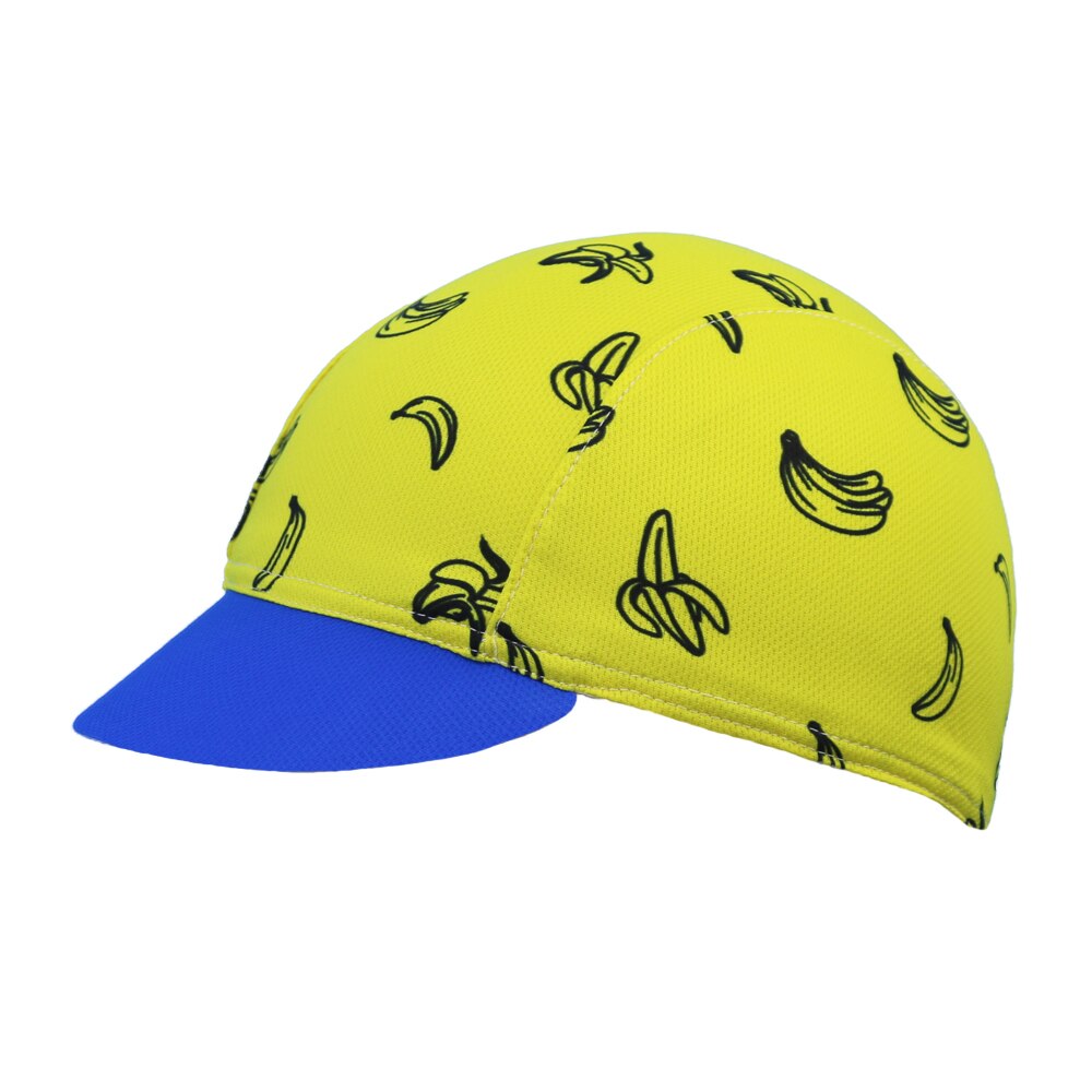 The Banana Skins Cycling Cap features breathable mesh fabric, a vibrant yellow body with a blue brim, and quirky black banana illustrations.