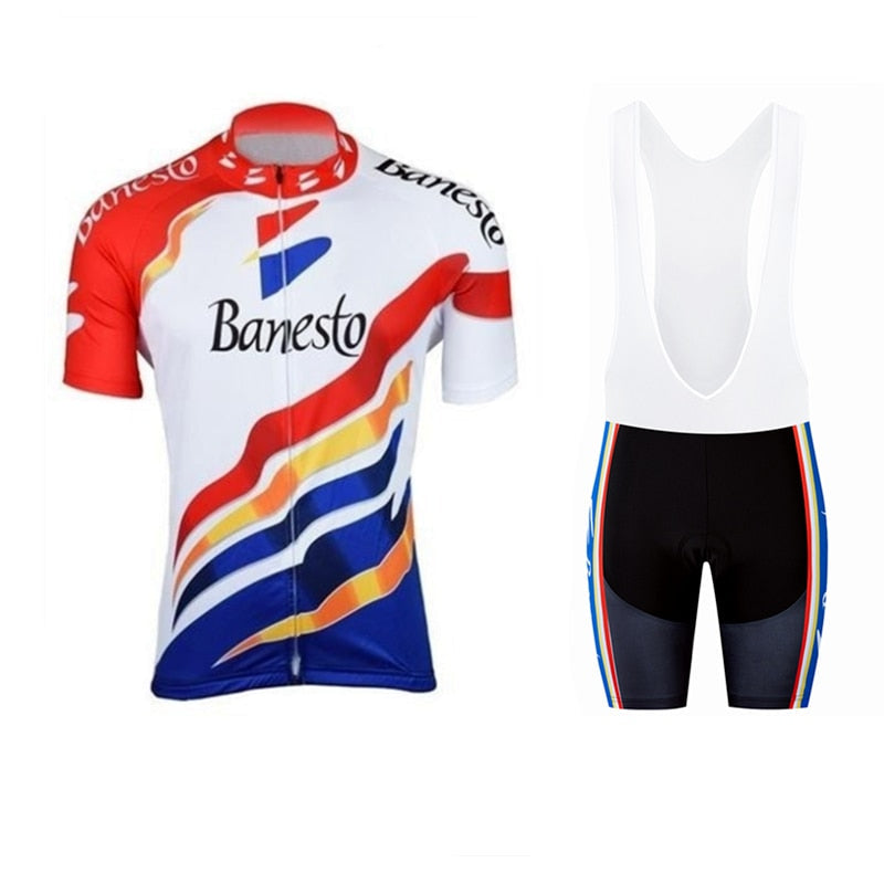 Discover the Banesto Retro Cycling Jersey Set, a lightweight polyester kit featuring a white and red short-sleeved jersey with abstract wave patterns and Banesto text. It includes black shorts with wide white straps, colorful stripes, and a comfortable gel seat pad.