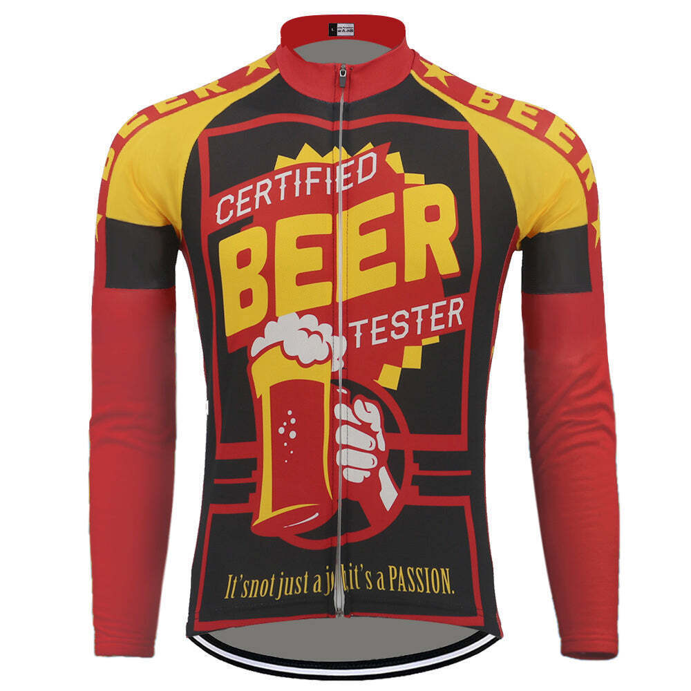 The Certified Beer Tester Long Sleeve Cycling Jersey features bold red, black, and yellow hues with a playful beer mug graphic, star details, and decorative text accents. Perfect for cycling enthusiasts, it proudly showcases Certified Beer Tester in vibrant style. Optional fleece lining available.