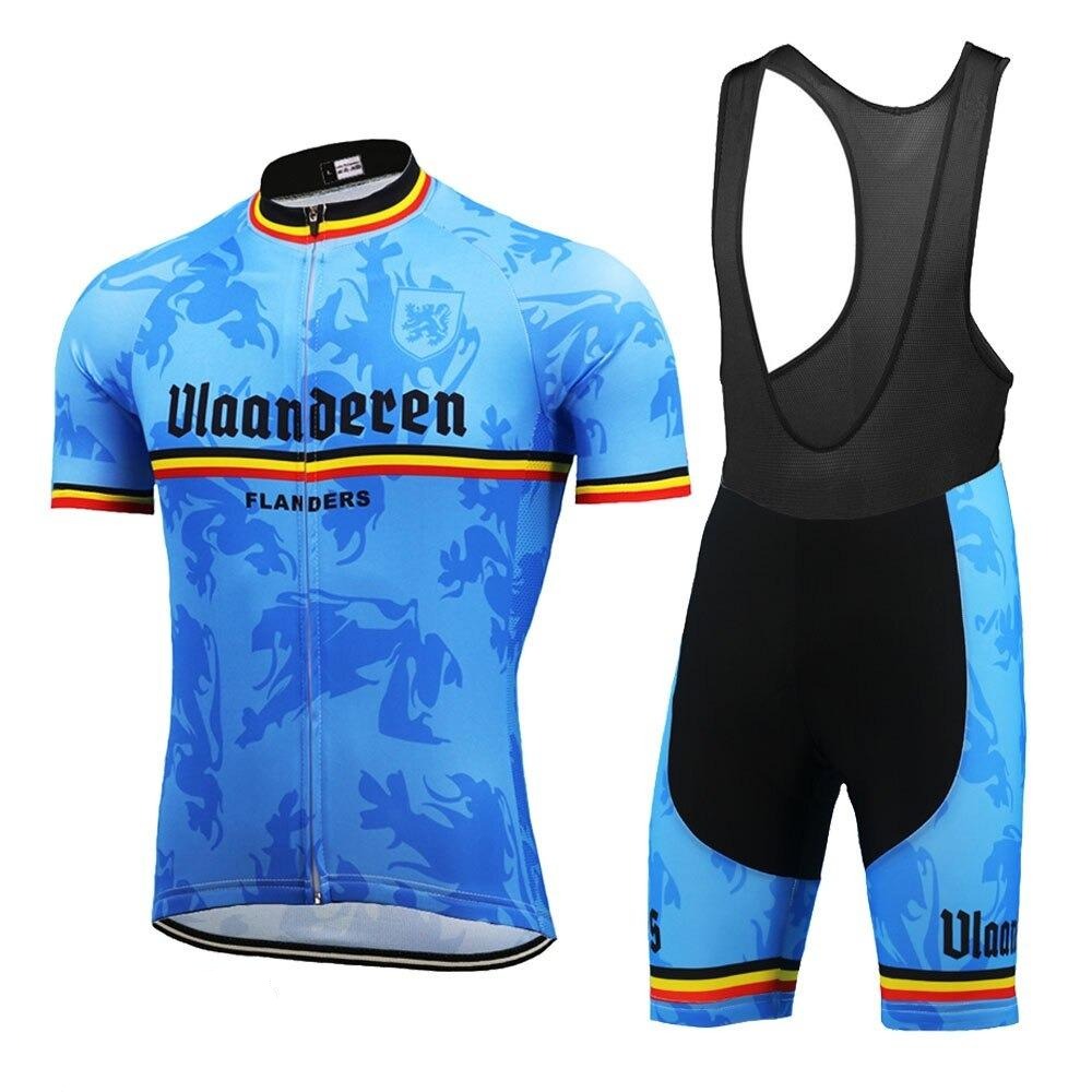 The Belgian Vlaanderen Flanders Retro Cycling Jersey Set showcases a blue design with black, yellow, and red stripes on the sleeves and legs. The jersey features a Vlaanderen Flanders zipper front with lion graphics, while the bib shorts offer comfort with a gel seat pad for long rides.