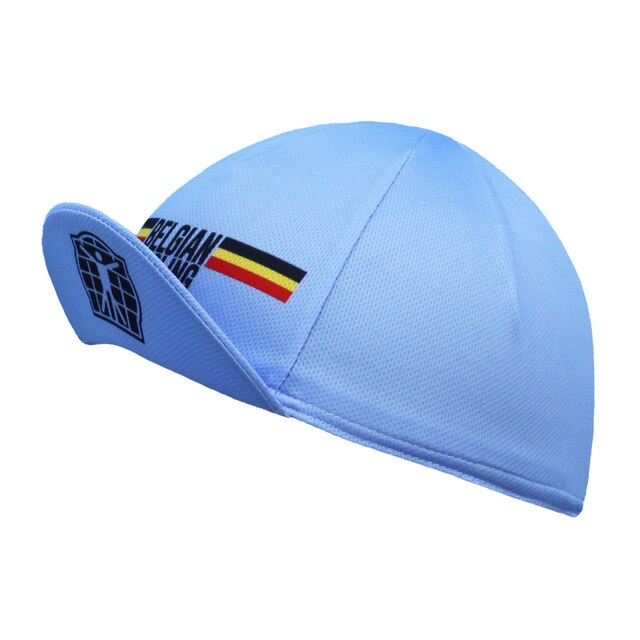 The Belgium Cycling Team Cap is a light blue cycling cap featuring the Belgian flag and text on the side. Made from breathable mesh, it has a short curved visor and a black bicycle wheel graphic on the left front panel, offering both style and function for enthusiasts.