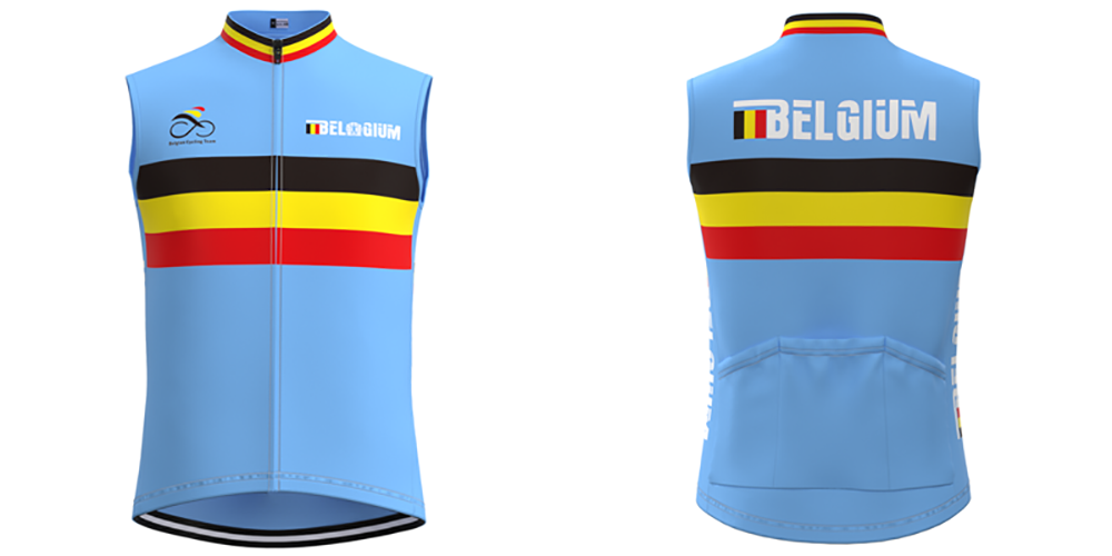 Front and back views of the Belgium Cycling Team Retro Cycling Jersey Set featuring a sleeveless design. It is light blue with black, yellow, and red horizontal stripes and prominently displays BELGIUM on the chest and back, along with a small front logo.