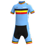 Experience the thrill of racing in the Belgium Cycling Team Retro Cycling Jersey Set. This blue short-sleeve jersey and shorts feature black, red, and yellow stripes with Belgium on the sides and chest, offering a retro vibe with its zip-up front.