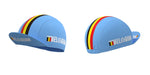 The Belgium Cycling Team Retro Cycling Jersey Set includes two blue caps with retro red, yellow, and black stripes featuring BELGIUM and a small flag. Caps match the jersey perfectly and are shown from the side and rear on a white background.