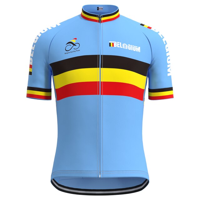 A light blue Belgium Cycling Team Retro Jersey Set features horizontal black, yellow, and red stripes. It boasts BELGIUM and a cycling emblem; the sleeves have matching BELGIUM text, capturing the classic team jersey style.
