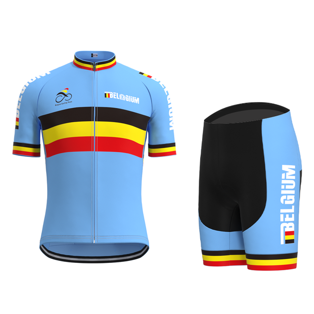 The Belgium Cycling Team Retro Cycling Jersey Set sports a blue design with bold black, yellow, and red stripes. It features Belgium, a logo, and includes black and red details on both the jersey and shorts for a striking appearance.