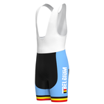 The Belgium Cycling Team Retro Cycling Jersey Set includes cycling bib shorts with a white upper, black shorts, and blue side panels. The design features Belgium and the Belgian flag, while the leg cuffs are decorated with red, yellow, and black stripes inspired by retro jerseys.