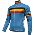 The Belgium Cycling Team Retro Cycling Jersey boasts a blue design with black, red, and yellow horizontal stripes reminiscent of the team, plus BELGIUM on the sleeves and chest. It features a full white zipper and stand-up collar for a classic retro vibe.