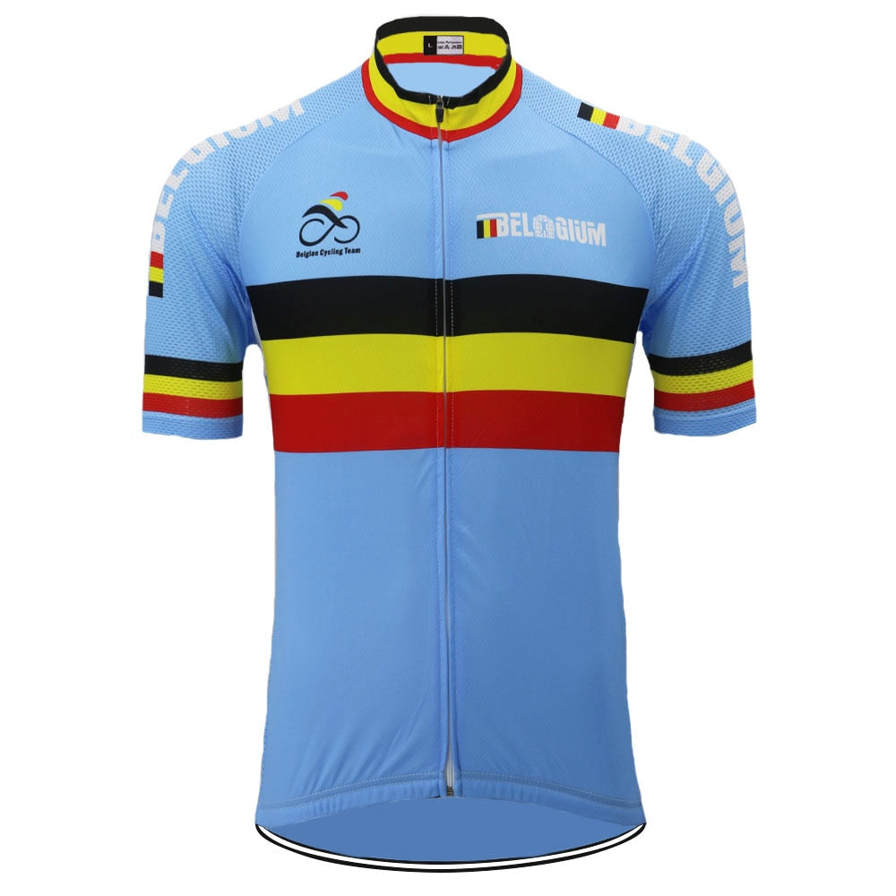 The Belgium Cycling Team Retro Cycling Jersey is light blue with Belgian flag colors and text across the chest. Made from lightweight polyester, it includes short sleeves, a full front zipper, and a bicycle logo with Belgian Cycling Team displayed.