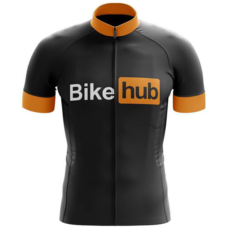 The Bike Hub Cycling Jersey features a black body with vibrant orange sleeves and collar, crafted from lightweight polyester. It has a front zipper and Bike hub is displayed on the chest, blending Bike in white with hub in an orange box for a sleek, performance-focused design.