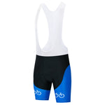 Introducing the Bike Logo Blue Cycling Jersey Set: Black bib shorts with blue side panels, white bib and shoulder straps, and small white bicycle icons on the blue sections for added flair.