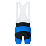 The Bike Logo Blue Cycling Jersey Set features performance cycling bib shorts with a white upper, and blue and black design on the lower part. The back view shows supportive straps and a padded seat for comfort, crafted as part of our breathable cycling apparel line.