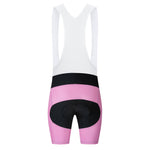 The Bike Logo Pink Cycling Jersey Set features pink and black bib shorts with white strap back, offering comfort and performance. Designed with a prominent black padded section for support, these shorts maintain a sleek, professional look ideal for dedicated cyclists.