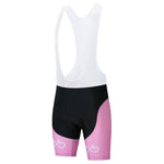 The Bike Logo Pink Cycling Jersey Set includes bib shorts with a white top and pink and black lower sections adorned with bicycle graphics near the leg openings, perfect for enhancing any performance cycling look.