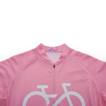 The Bike Logo Pink Cycling Jersey Set is a breathable, pink cycling jersey with a white bicycle outline on the front. It features a zippered front, short sleeves, and offers a streamlined fit ideal for performance cycling wear.