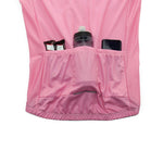 The Bike Logo Pink Cycling Jersey Set is a breathable cycling jersey featuring a textured design, three back pockets to hold items like a water bottle, smartphone, and energy bars, perfect for long rides.