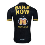 The Bike Now Beer Later Cycling Jersey Set is a black beer-themed jersey featuring yellow and white text with BIKE NOW, BEER LATER and two frothy clinking mugs on the back. It includes white and yellow striped sleeves, ideal for cycling enthusiasts who love a good ride and brew.