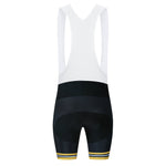 The Bike Now Beer Later Cycling Jersey Set includes bib shorts with a white upper, black lower section, and breathable gel seat pad. Stripes in blue, yellow, and black adorn the leg hems to match the jersey’s style.