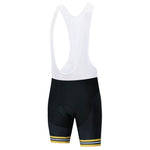 The Bike Now Beer Later cycling jersey set features black and white bib shorts with yellow and white leg stripes, a sleeveless design with white shoulder straps, and a gel seat pad for comfort on long rides.