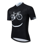 The Bike Smiley Face Cycling Jersey Set features a short-sleeve black jersey made from lightweight polyester, showcasing a unique white bike graphic that forms a smiley face.