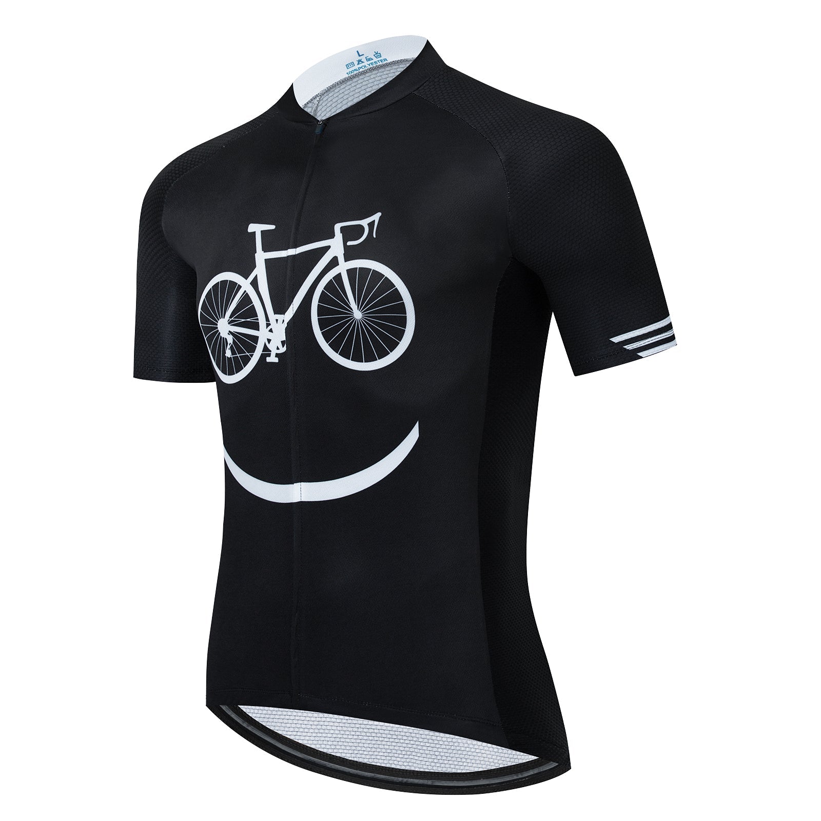 The Bike Smiley Face Cycling Jersey Set features a short-sleeve black jersey made from lightweight polyester, showcasing a unique white bike graphic that forms a smiley face.