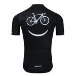 The Bike Smiley Face Cycling Jersey Set, in black, is made from lightweight polyester and features a charming design with a white bicycle graphic as eyes above a curved line smile. Perfect for rides, it balances comfort and style effortlessly.