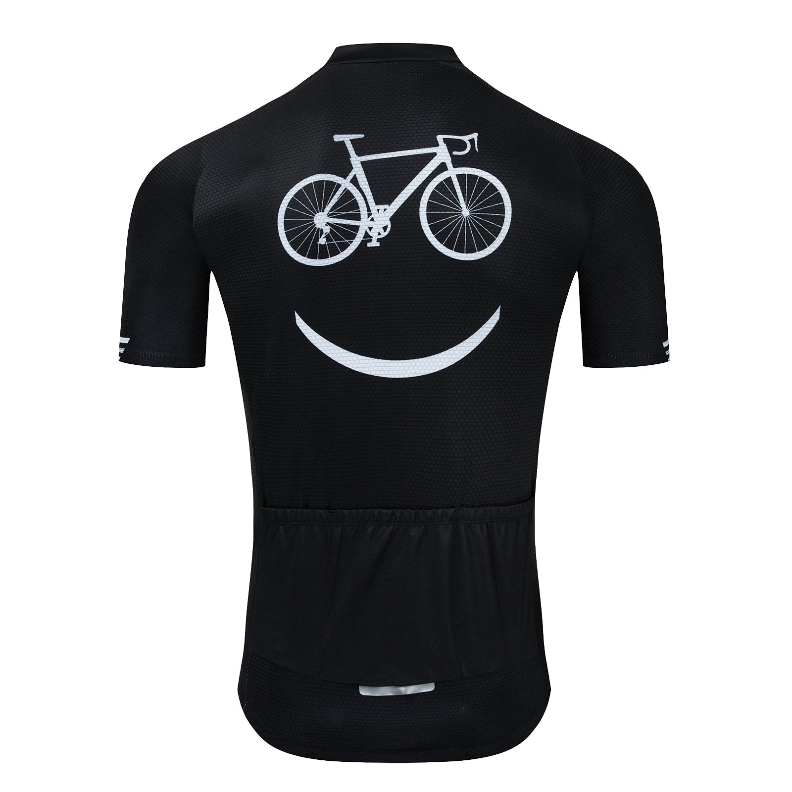 The Bike Smiley Face Cycling Jersey Set, in black, is made from lightweight polyester and features a charming design with a white bicycle graphic as eyes above a curved line smile. Perfect for rides, it balances comfort and style effortlessly.