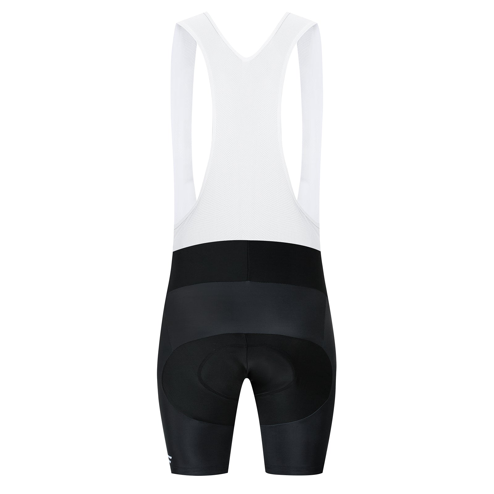 Viewed from the back, the Bike Smiley Face Cycling Jersey Set includes black cycling bib shorts with white straps made of lightweight polyester and equipped with a gel seat pad for comfort during long rides.